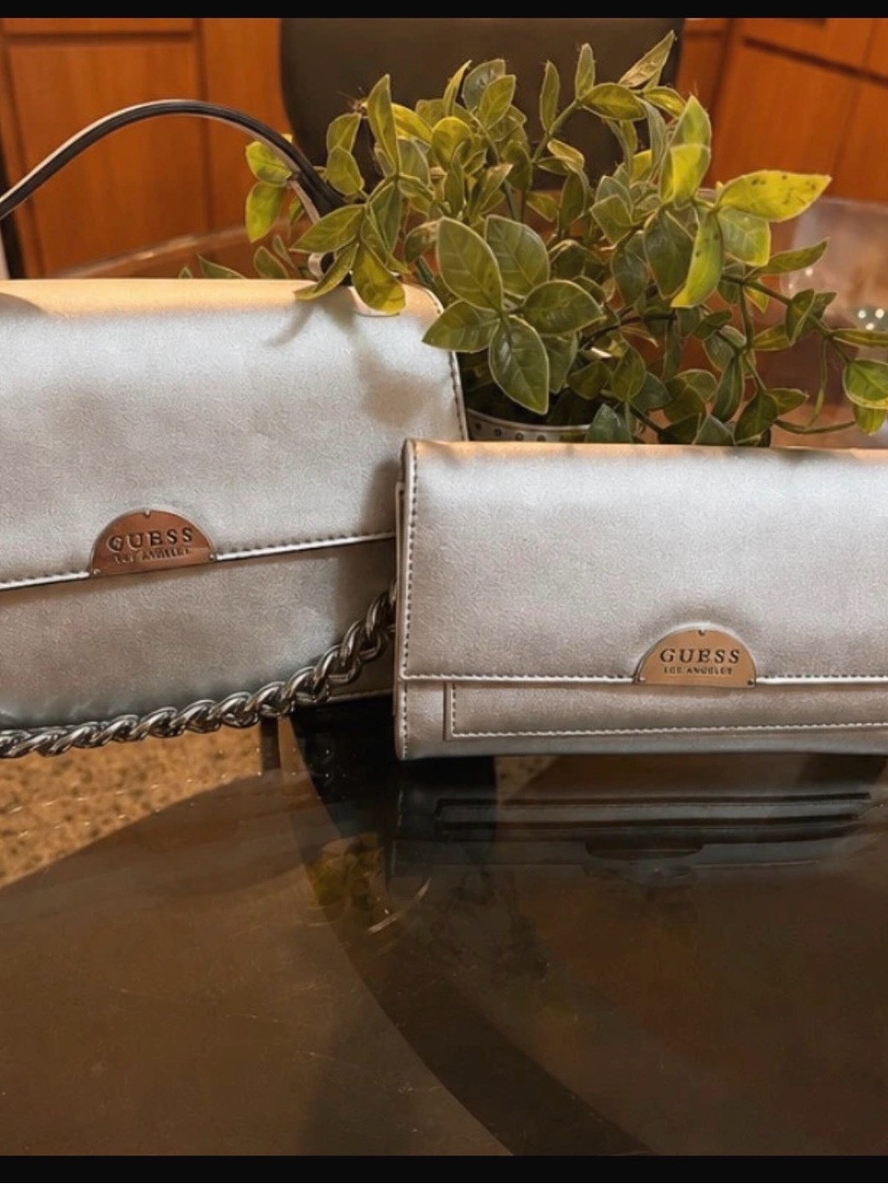 GUESS Silver Metallic Crossbody Bag with Matching Wallet